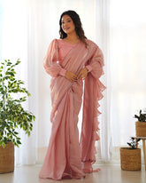 Ready To Wear Saree Peach Color With Premium Quality Jimmy Choo Organja Saree